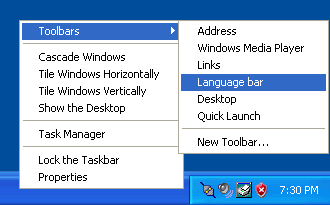 Cara memunculkan language bar pada Windows XP dengan mengklik kanan taskbar Cara memunculkan language bar pada Windows XP dengan mengklik kanan taskbar
