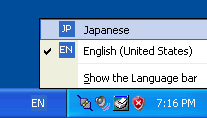 Merubah bahasa yang aktif dari bahasa Inggris ke kahasa Jepang menggunakan language bar pada Windows XP Merubah bahasa yang aktif dari bahasa Inggris ke kahasa Jepang menggunakan language bar pada Windows XP