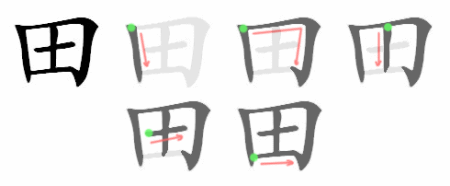 Urutan guratan kanji 田 (ta, sawah padi)
